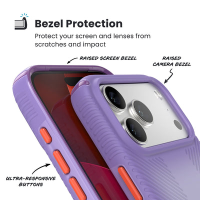Raised bezels around phone screen and camera are highlighted. Text reads Bezel Protectection: Protect your screen and lenses from scratches and impact; Raised screen bezel; Raised camera bezel; Ultra-responsive buttons#color_purple-fade-magic-purple-new-poppy