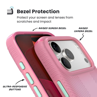 Raised bezels around phone screen and camera are highlighted. Text reads Bezel Protectection: Protect your screen and lenses from scratches and impact; Raised screen bezel; Raised camera bezel; Ultra-responsive buttons#color_ibis-pink-dark-ibis-kanom-green