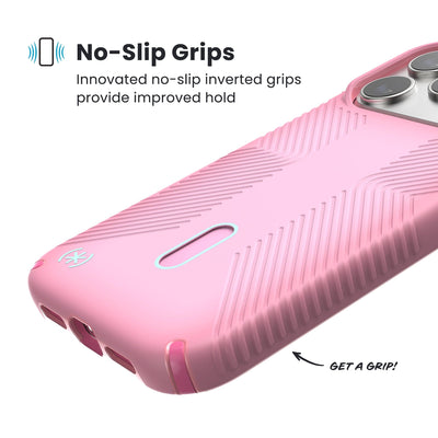 Close-up of grips on the back and side of a phone case. Text reads No-Slip Grips: Innovated no-slip inverted grips provide improved hold; Get a grip!#color_ibis-pink-dark-ibis-kanom-green
