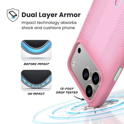 A corner of the case impacts the ground - a diagram shows interior cushion of phone before impact and on impact. Text reads Dual Layer Armor: Impact technology absorbs shock and cushions phone; 13-foot drop tested#color_ibis-pink-dark-ibis-kanom-green