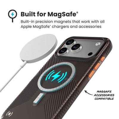 A MagSafe charger hovers over the back of the phone case. Text reads Built for MagSafe: Built-in precision magnets that work with all Apple MagSafe chargers and accessories; MagSafe accessories compatible#color_luxury-shade-matte-orange