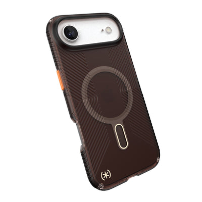 Tilted slight perspective view of back of phone case with phone inside