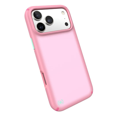 Tilted slight perspective view of back of phone case with phone inside#color_ibis-pink-dark-ibis-kanom-green