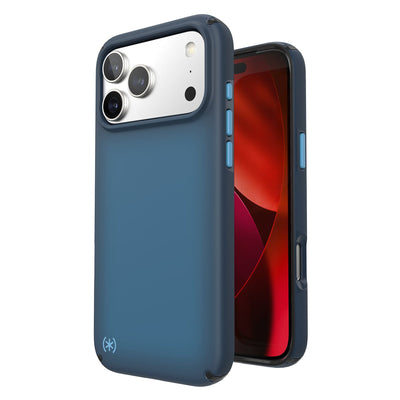 Three-quarter view of back of phone case with phone inside shown over top of front view of phone case with phone inside#color_deep-sea-fade-black-spell-blue