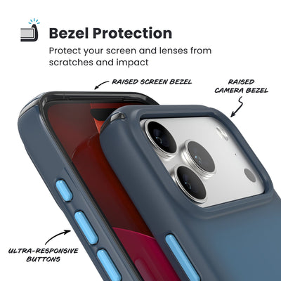 Raised bezels around phone screen and camera are highlighted. Text reads Bezel Protectection: Protect your screen and lenses from scratches and impact; Raised screen bezel; Raised camera bezel; Ultra-responsive buttons#color_deep-sea-fade-black-spell-blue
