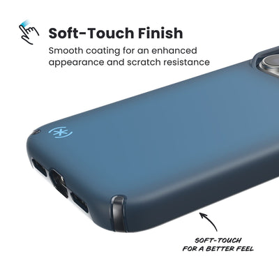 Close-up of the smooth exterior of the back and side of a phone case. Text reads Soft-Touch Finish: Smooth coating for an enhanced appearance and scratch resistance; Soft-touch for a better feel#color_deep-sea-fade-black-spell-blue