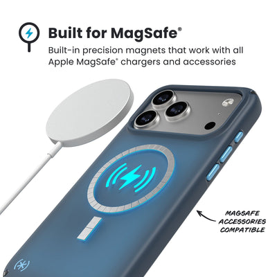 A MagSafe charger hovers over the back of the phone case. Text reads Built for MagSafe: Built-in precision magnets that work with all Apple MagSafe chargers and accessories; MagSafe accessories compatible#color_deep-sea-fade-black-spell-blue