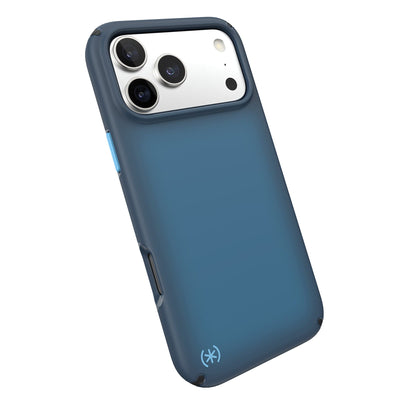 Tilted slight perspective view of back of phone case with phone inside#color_deep-sea-fade-black-spell-blue