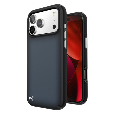 Three-quarter view of back of phone case with phone inside shown over top of front view of phone case with phone inside#color_black-fade-slate-grey-white