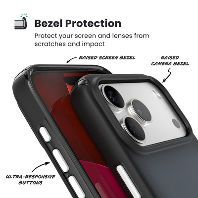 Raised bezels around phone screen and camera are highlighted. Text reads Bezel Protectection: Protect your screen and lenses from scratches and impact; Raised screen bezel; Raised camera bezel; Ultra-responsive buttons#color_black-fade-slate-grey-white