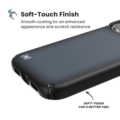 Close-up of the smooth exterior of the back and side of a phone case. Text reads Soft-Touch Finish: Smooth coating for an enhanced appearance and scratch resistance; Soft-touch for a better feel#color_black-fade-slate-grey-white