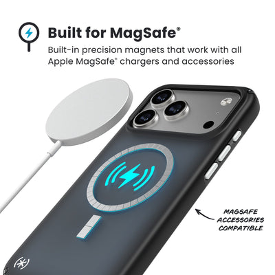 A MagSafe charger hovers over the back of the phone case. Text reads Built for MagSafe: Built-in precision magnets that work with all Apple MagSafe chargers and accessories; MagSafe accessories compatible#color_black-fade-slate-grey-white