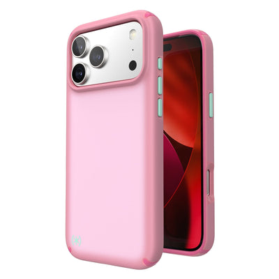 Three-quarter view of back of phone case with phone inside shown over top of front view of phone case with phone inside#color_ibis-pink-dark-ibis-kanom-green