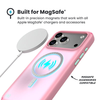 A MagSafe charger hovers over the back of the phone case. Text reads Built for MagSafe: Built-in precision magnets that work with all Apple MagSafe chargers and accessories; MagSafe accessories compatible#color_ibis-pink-dark-ibis-kanom-green