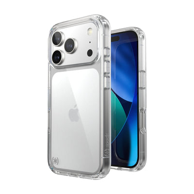Three-quarter view of back of phone case with phone inside shown over top of front view of phone case with phone inside#color_clear