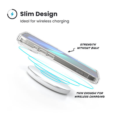 A phone in the case hovers above a wireless charger. Text reads Slim Design: Ideal for wireless charging; Strength without bulk; Thin enough for wireless charging#color_clear