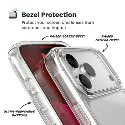 Raised bezels around phone screen and camera are highlighted. Text reads Bezel Protectection: Protect your screen and lenses from scratches and impact; Raised screen bezel; Raised camera bezel; Ultra-responsive buttons#color_clear