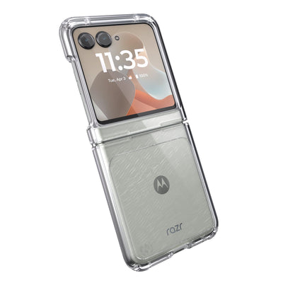 Tilted three-quarter angled view of back of fully open flip phone in case