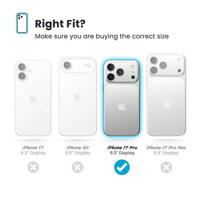 All four phones are shown; the iPhone 17 Pro 6.3-inch display is highlighted. Text reads Right fit? Make sure you are buying the correct size#color_clear-silver