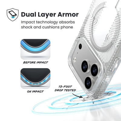 A corner of the case impacts the ground - a diagram shows interior cushion of phone before impact and on impact. Text reads Dual Layer Armor: Impact technology absorbs shock and cushions phone; 13-foot drop tested#color_clear-silver