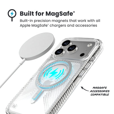 A MagSafe charger hovers over the back of the phone case. Text reads Built for MagSafe: Built-in precision magnets that work with all Apple MagSafe chargers and accessories; MagSafe accessories compatible#color_clear-silver