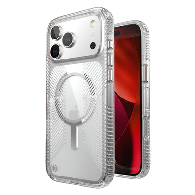 Three-quarter view of back of phone case with phone inside shown over top of front view of phone case with phone inside#color_clear-silver