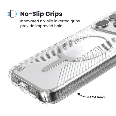 Close-up of grips on the back and side of a phone case. Text reads No-Slip Grips: Innovated no-slip inverted grips provide improved hold; Get a grip!#color_clear-silver