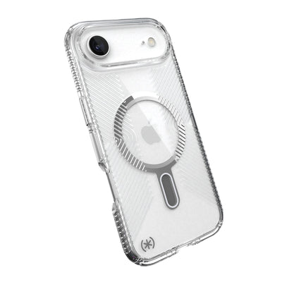 Tilted slight perspective view of back of phone case with phone inside