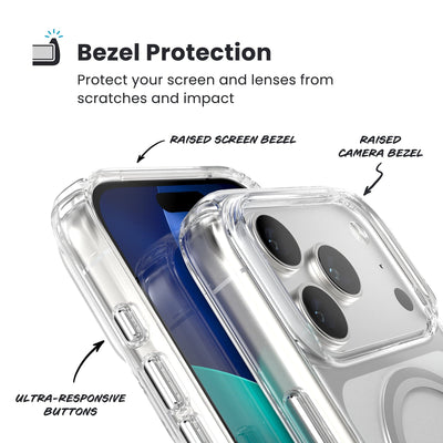 Raised bezels around phone screen and camera are highlighted. Text reads Bezel Protectection: Protect your screen and lenses from scratches and impact; Raised screen bezel; Raised camera bezel; Ultra-responsive buttons#color_clear-silver
