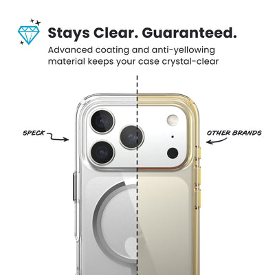 A split back view of the phone case with phone inside from straight on, with one side showing the clarity of Speck clear cases, and the other side showing the yellowing from other brands. Text reads Stays Clear. Guaranteed: Advanced coating and anti-yellowing material keeps your case crystal-clear#color_clear-silver