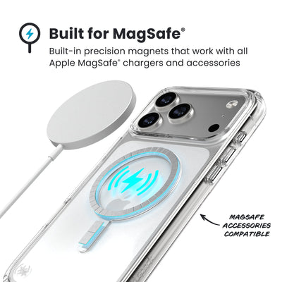A MagSafe charger hovers over the back of the phone case. Text reads Built for MagSafe: Built-in precision magnets that work with all Apple MagSafe chargers and accessories; MagSafe accessories compatible#color_clear-silver