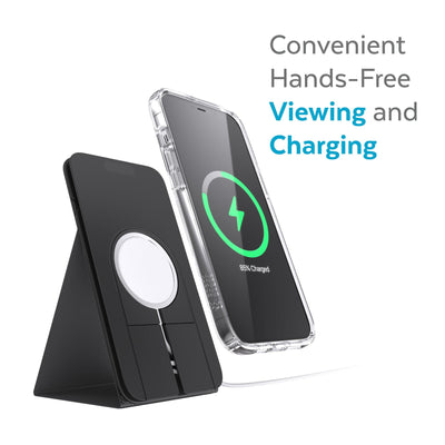 Three-quarter angle of Presidio Pro Folio for MagSafe in stand mode with iPhone hovering above resting area - Convenient hands-free viewing and charging