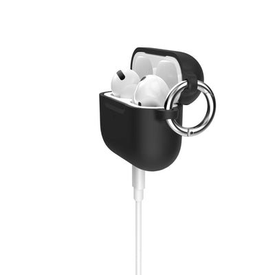 Three-quarter view of front of the case, with lid open and charge cable attached