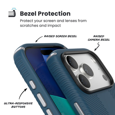Raised bezels around phone screen and camera are highlighted. Text reads Bezel Protectection: Protect your screen and lenses from scratches and impact; Raised screen bezel; Raised camera bezel; Ultra-responsive buttons#color_deep-sea-silver-metallic