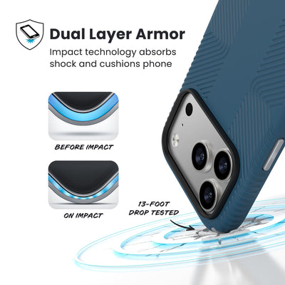 A corner of the case impacts the ground - a diagram shows interior cushion of phone before impact and on impact. Text reads Dual Layer Armor: Impact technology absorbs shock and cushions phone; 13-foot drop tested#color_deep-sea-silver-metallic