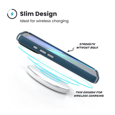 A phone in the case hovers above a wireless charger. Text reads Slim Design: Ideal for wireless charging; Strength without bulk; Thin enough for wireless charging#color_deep-sea-silver-metallic