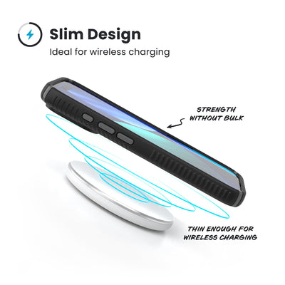 A phone in the case hovers above a wireless charger. Text reads Slim Design: Ideal for wireless charging; Strength without bulk; Thin enough for wireless charging#color_black-slate-grey