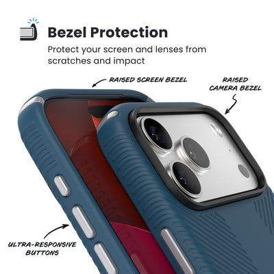 Raised bezels around phone screen and camera are highlighted. Text reads Bezel Protectection: Protect your screen and lenses from scratches and impact; Raised screen bezel; Raised camera bezel; Ultra-responsive buttons#color_deep-sea-silver-metallic