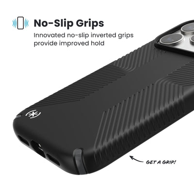 Close-up of grips on the back and side of a phone case. Text reads No-Slip Grips: Innovated no-slip inverted grips provide improved hold; Get a grip!#color_black-slate-grey