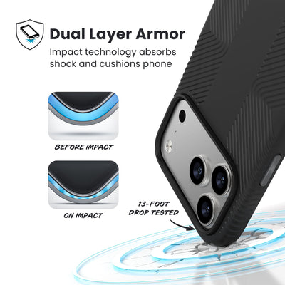 A corner of the case impacts the ground - a diagram shows interior cushion of phone before impact and on impact. Text reads Dual Layer Armor: Impact technology absorbs shock and cushions phone; 13-foot drop tested#color_black-slate-grey