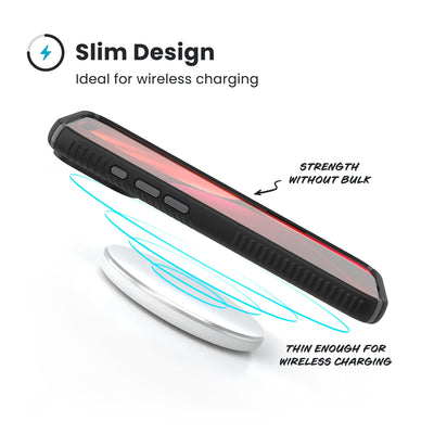 A phone in the case hovers above a wireless charger. Text reads Slim Design: Ideal for wireless charging; Strength without bulk; Thin enough for wireless charging#color_black-slate-grey