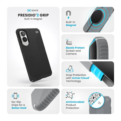 Various close-ups of case are shown. Text reads Speck Presidio2 Grip Magnet: No-slip grips for a better hold, built-in magnet, bezels protect screen and camera, drop-protection with Armor Cloud Technology, antimicrobial product protection#color_black-slate-grey