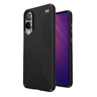 Three-quarter view of back of phone case with phone inside shown over top of front view of phone case with phone inside#color_black-slate-grey