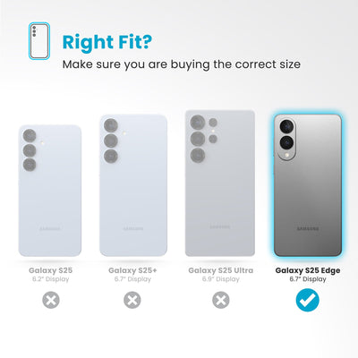 All four phones are shown - Galaxy S25 Edge is highlighted. Text reads Right fit? Make sure you are buying the correct size#color_black-slate-grey