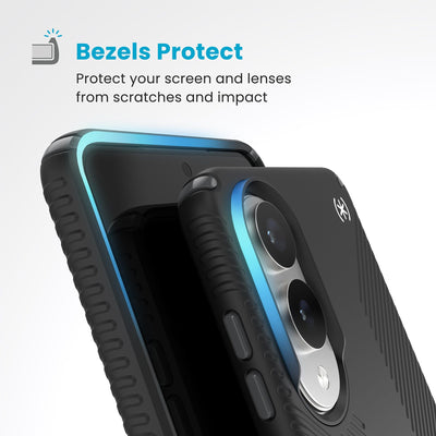 Bacteria is shown around phone case but not on it. Text reads Antimicrobial: Antimicrobial product protection reduces bacteria growth on the case (Antimicrobial technology does not protect users or other items against disease pathogens)#color_black-slate-grey