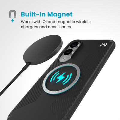 A magnetic charger hovers over the back of the phone case. Text reads Built-In Magnet: Works with Qi and magnetic wireless chargers and accessories#color_black-slate-grey