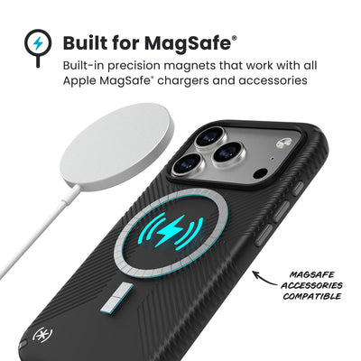 A MagSafe charger hovers over the back of the phone case. Text reads Built for MagSafe: Built-in precision magnets that work with all Apple MagSafe chargers and accessories; MagSafe accessories compatible#color_black-slate-grey