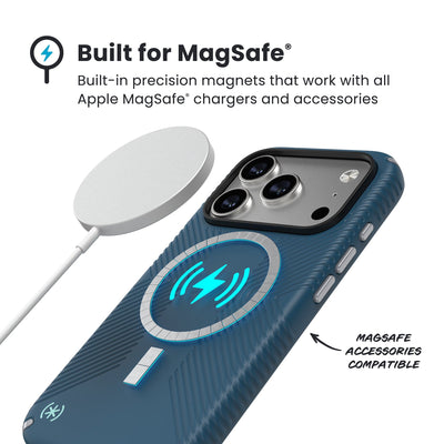A MagSafe charger hovers over the back of the phone case. Text reads Built for MagSafe: Built-in precision magnets that work with all Apple MagSafe chargers and accessories; MagSafe accessories compatible#color_deep-sea-silver-metallic