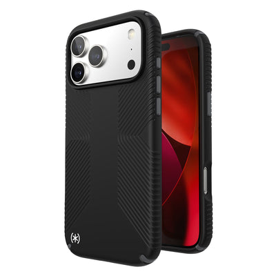Three-quarter view of back of phone case with phone inside shown over top of front view of phone case with phone inside#color_black-slate-grey