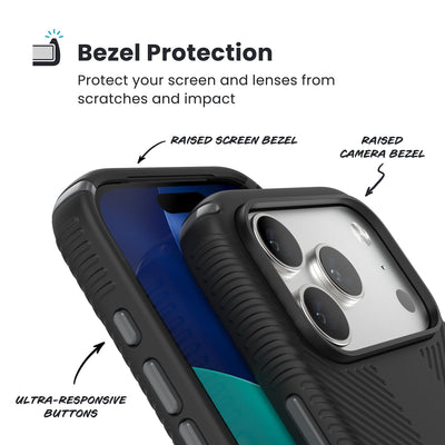 Raised bezels around phone screen and camera are highlighted. Text reads Bezel Protectection: Protect your screen and lenses from scratches and impact; Raised screen bezel; Raised camera bezel; Ultra-responsive buttons#color_black-slate-grey